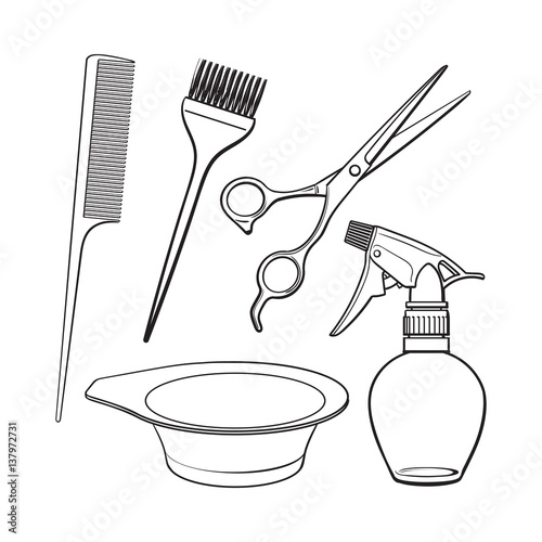 Set of hairdresser objects - scissors, brush, comb, coloring bowl and spray bottle, sketch style vector illustration isolated on white background. Hairdresser, hair stylist tools, objects, attributes