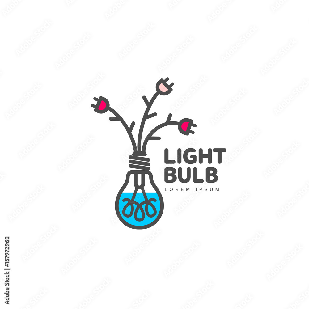 Light bulb logo template with three flowers formed by powers cables and electric plugs, vector illustration isolated on white background. Light bulb logotype, logo design with power cables as flowers Light bulb logo template with three flowers formed by powers cables and electric plugs, vector illustration isolated on white background. Light bulb logotype, logo design with power cables as flowers
