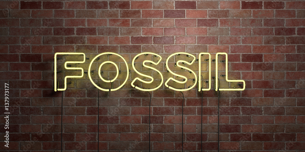 Obraz premium FOSSIL - fluorescent Neon tube Sign on brickwork - Front view - 3D rendered royalty free stock picture. Can be used for online banner ads and direct mailers..