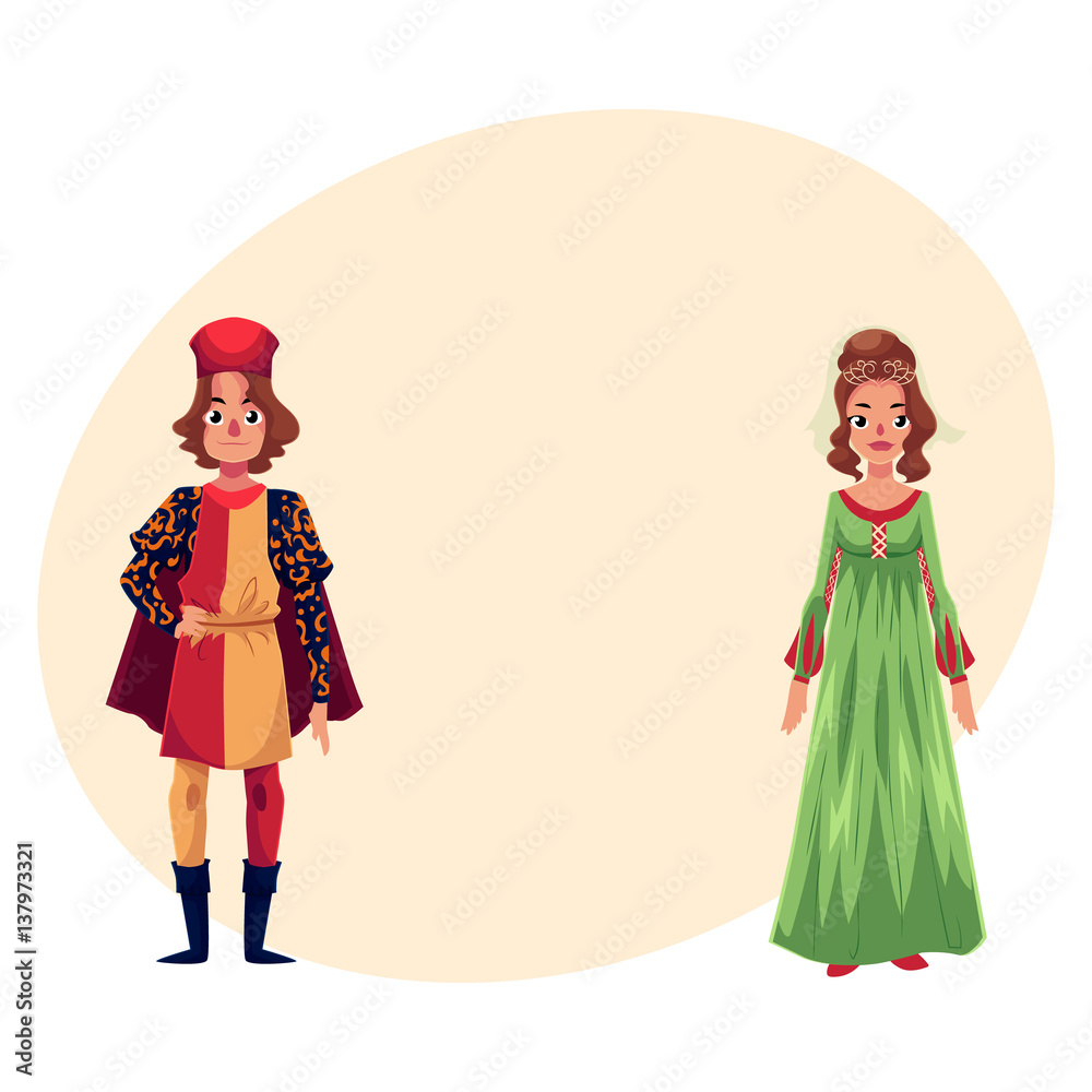Italian Man and woman in Renaissance time costumes, clothing, cartoon vector illustration with place for text. Medieval, Renaissance Italian couple in traditional historical dresses Italian Man and woman in Renaissance time costumes, clothing, cartoon vector illustration with place for text. Medieval, Renaissance Italian couple in traditional historical dresses