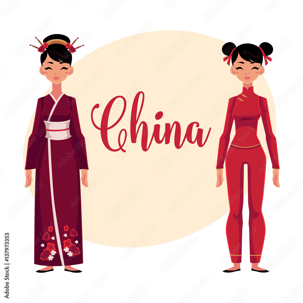 Chinese women in traditional national costumes - long cheongsam dress, red  tunic and pants suit, cartoon vector illustration with place for text.  Woman from China in Chinese national clothes Stock Vector