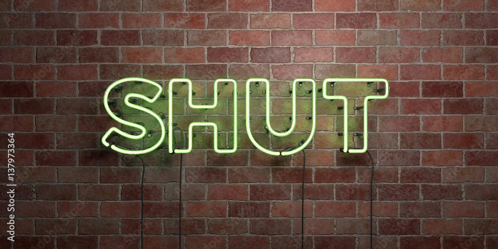 Fototapeta premium SHUT - fluorescent Neon tube Sign on brickwork - Front view - 3D rendered royalty free stock picture. Can be used for online banner ads and direct mailers..