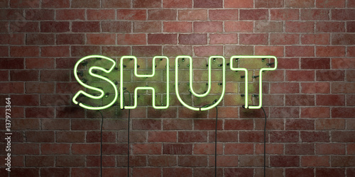 SHUT - fluorescent Neon tube Sign on brickwork - Front view - 3D rendered royalty free stock picture. Can be used for online banner ads and direct mailers.. © Chris Titze Imaging