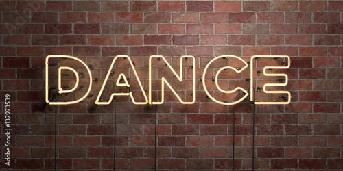 DANCE - fluorescent Neon tube Sign on brickwork - Front view - 3D rendered royalty free stock picture. Can be used for online banner ads and direct mailers..