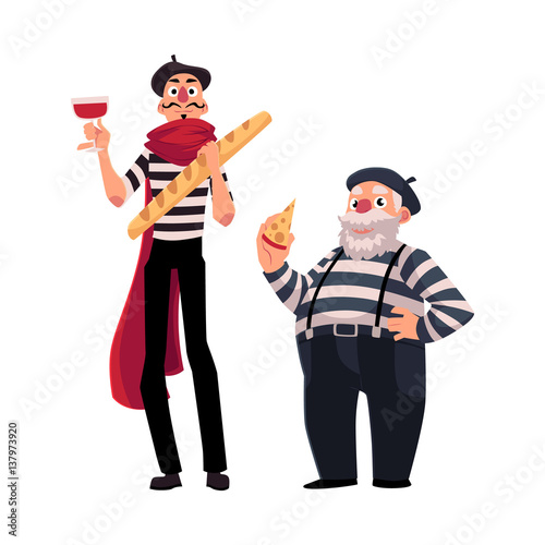 Two French mimes, young and old, in traditional costumes with symbols of France - cheese, wine baguette, cartoon vector illustration isolated on white background. French mime characters