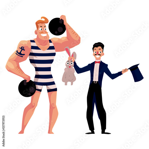 Circus performers - strongman, strong man and magician, illusionist conjuring rabbit out of hat, cartoon vector illustration isolated on white background. Strongman and magician circus performers