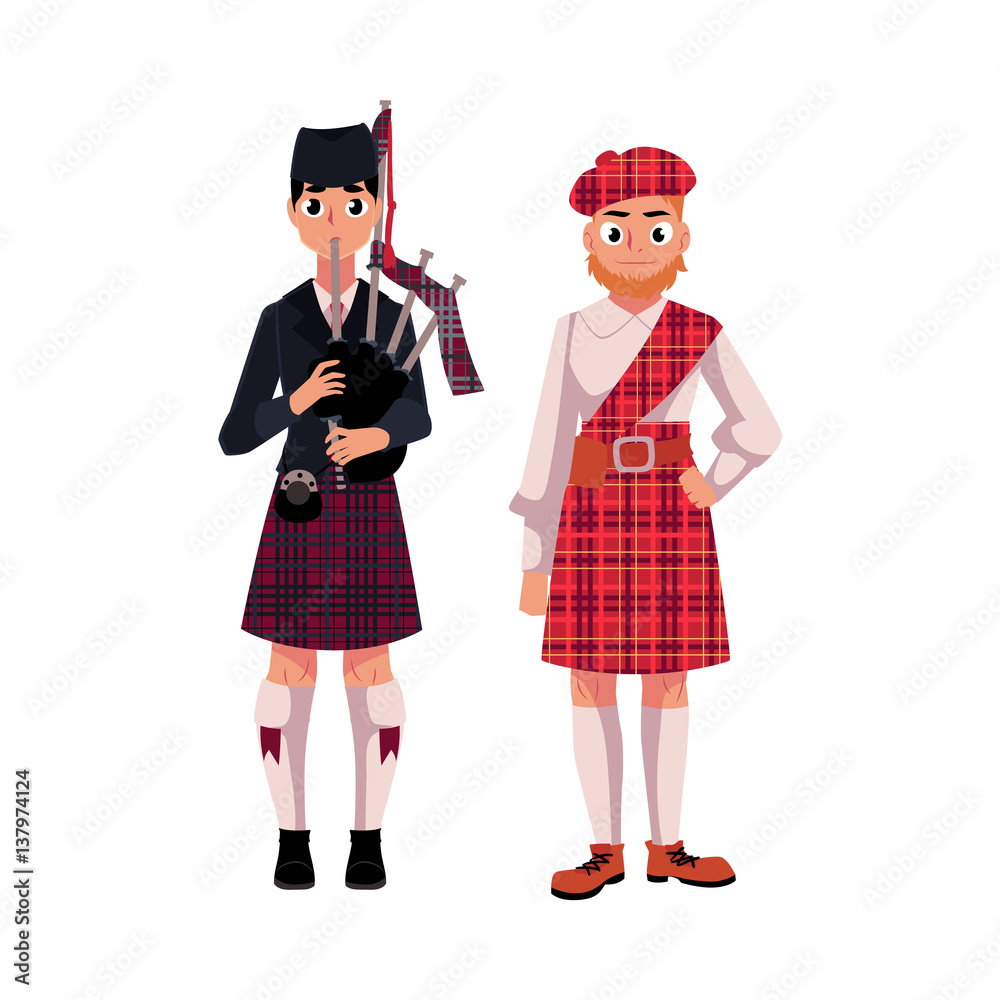 Two Scottish men in national clothes, tartan beret and kilt, cartoon vector illustration isolated on white background. Full length portrait of Scottish men in tartan and kilt, piper playing bagpipe Two Scottish men in national clothes, tartan beret and kilt, cartoon vector illustration isolated on white background. Full length portrait of Scottish men in tartan and kilt, piper playing bagpipe