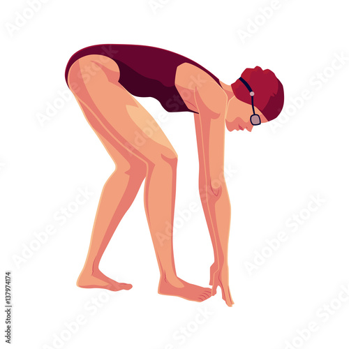 Young and slim female swimmer in starting position, ready do dive and swim, cartoon vector illustration isolated on white background. Side view of woman, girl swimmer in starting position