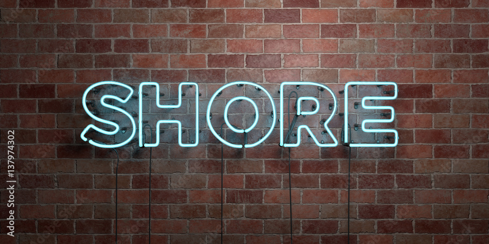 Obraz premium SHORE - fluorescent Neon tube Sign on brickwork - Front view - 3D rendered royalty free stock picture. Can be used for online banner ads and direct mailers..