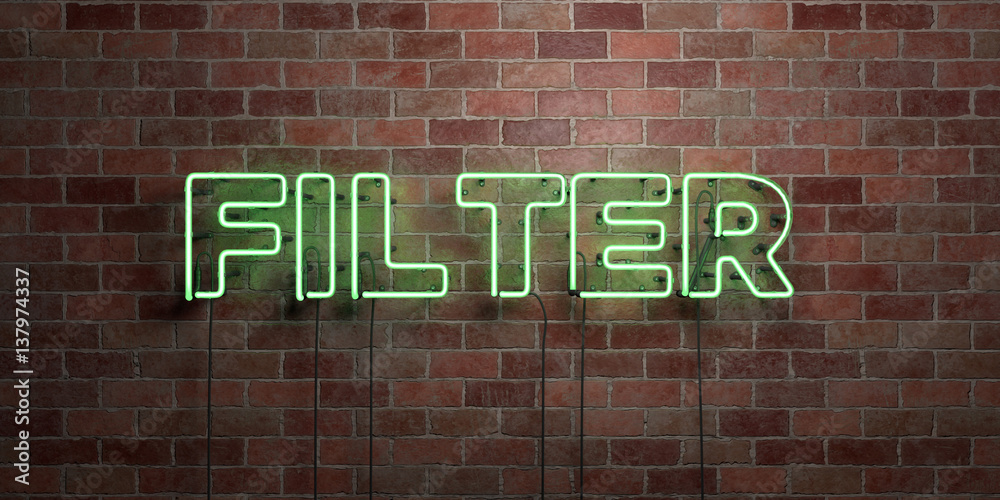 Obraz premium FILTER - fluorescent Neon tube Sign on brickwork - Front view - 3D rendered royalty free stock picture. Can be used for online banner ads and direct mailers..