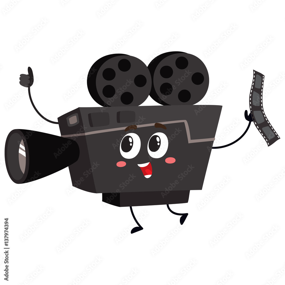 Cute and funny vintage film reel camera character with smiling human face,  cartoon vector illustration isolated on white background. Smiling movie,  cinema shooting film camera character, mascot Stock Vector | Adobe Stock
