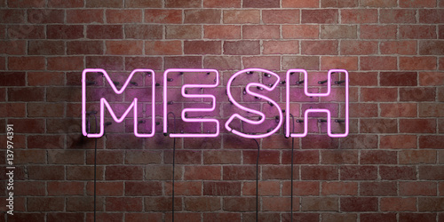 MESH - fluorescent Neon tube Sign on brickwork - Front view - 3D rendered royalty free stock picture. Can be used for online banner ads and direct mailers..