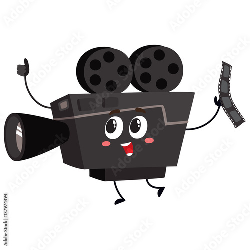 Cute and funny vintage film reel camera character with smiling human face, cartoon vector illustration isolated on white background. Smiling movie, cinema shooting film camera character, mascot