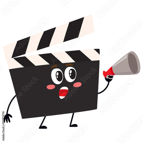 Funny cinema production clapper board, clapboard character with smiling human face, cartoon vector illustration isolated on white background. Cinema clapper board character, mascot, cinema object