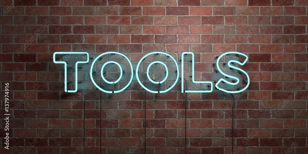 Obraz premium TOOLS - fluorescent Neon tube Sign on brickwork - Front view - 3D rendered royalty free stock picture. Can be used for online banner ads and direct mailers..
