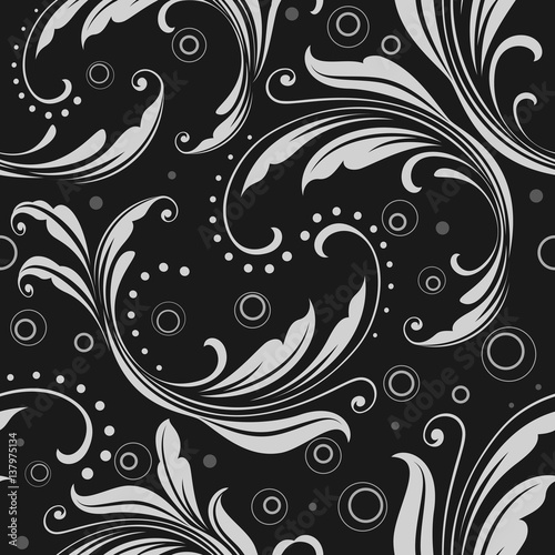 Seamless monochrome black and white floral vector wallpaper pattern.