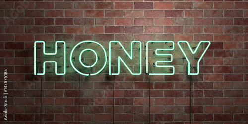 HONEY - fluorescent Neon tube Sign on brickwork - Front view - 3D rendered royalty free stock picture. Can be used for online banner ads and direct mailers..