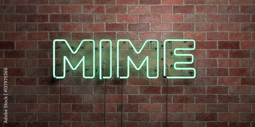 MIME - fluorescent Neon tube Sign on brickwork - Front view - 3D rendered royalty free stock picture. Can be used for online banner ads and direct mailers.. MIME - fluorescent Neon tube Sign on brickwork - Front view - 3D rendered royalty free stock picture. Can be used for online banner ads and direct mailers..
