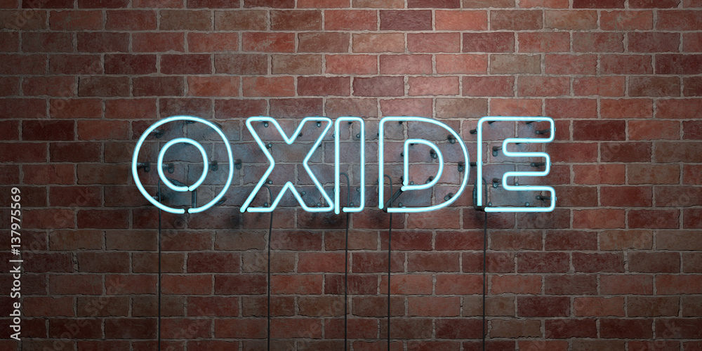 Fototapeta premium OXIDE - fluorescent Neon tube Sign on brickwork - Front view - 3D rendered royalty free stock picture. Can be used for online banner ads and direct mailers..