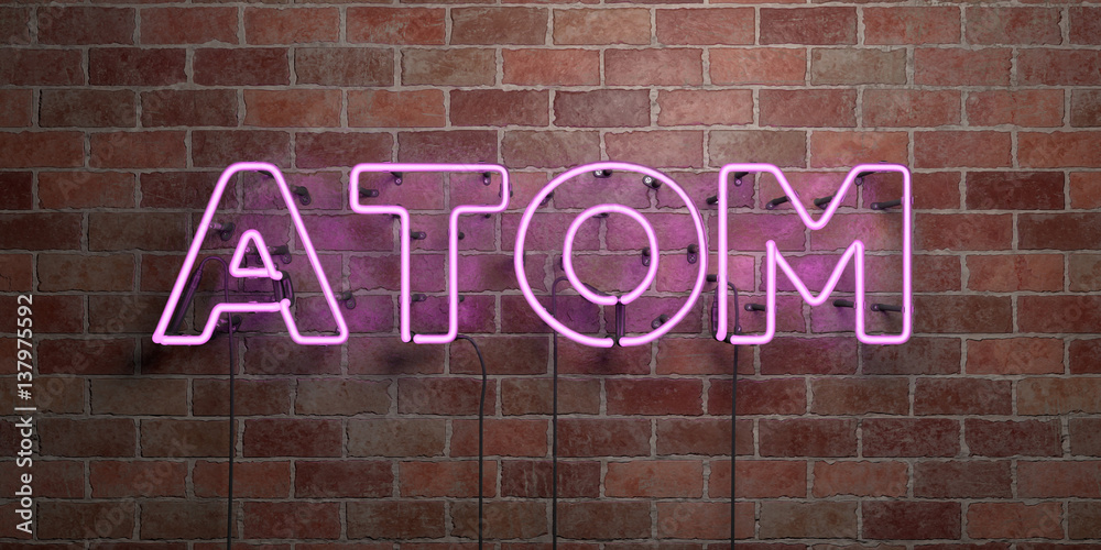 Obraz premium ATOM - fluorescent Neon tube Sign on brickwork - Front view - 3D rendered royalty free stock picture. Can be used for online banner ads and direct mailers..