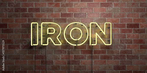 IRON - fluorescent Neon tube Sign on brickwork - Front view - 3D rendered royalty free stock picture. Can be used for online banner ads and direct mailers..