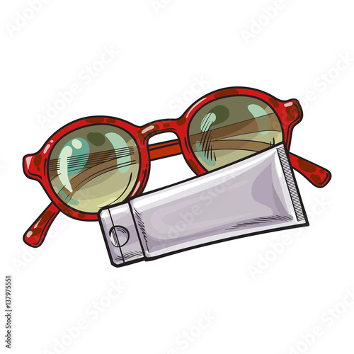 Round sunglasses in plastic frame and sun tan lotion, cream tube, sketch vector illustration isolated on white background. Hand drawn round glamorous sunglasses and lotion tube, beach, summer vacation