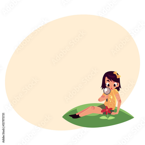 Little girl sitting on grass and studying a flower through magnifying glass, cartoon vector illustration with place for text. Little girl, botanist looking at flower through magnifying glass