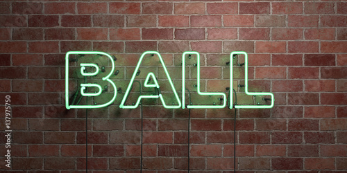 BALL - fluorescent Neon tube Sign on brickwork - Front view - 3D rendered royalty free stock picture. Can be used for online banner ads and direct mailers..