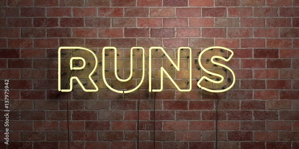 Obraz premium RUNS - fluorescent Neon tube Sign on brickwork - Front view - 3D rendered royalty free stock picture. Can be used for online banner ads and direct mailers..