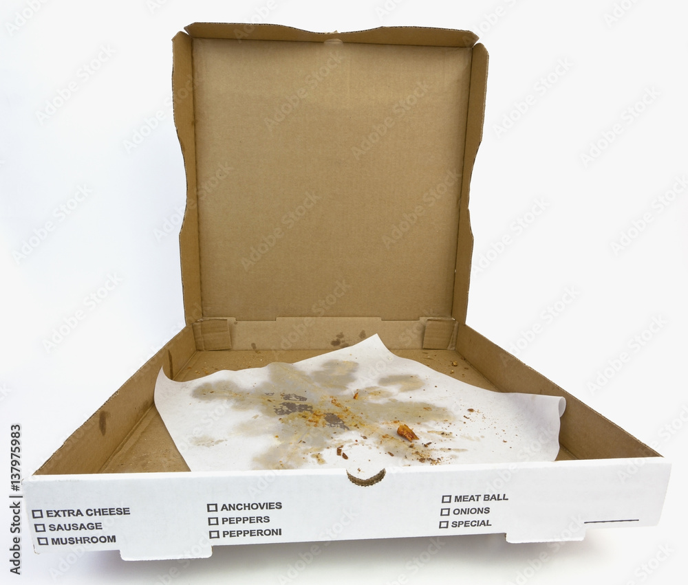 Empty pizza box with greasy wax paper. Isolated. фотография Stock | Adobe  Stock
