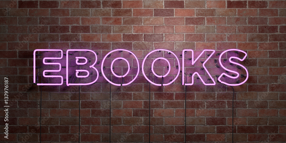 Obraz premium EBOOKS - fluorescent Neon tube Sign on brickwork - Front view - 3D rendered royalty free stock picture. Can be used for online banner ads and direct mailers..
