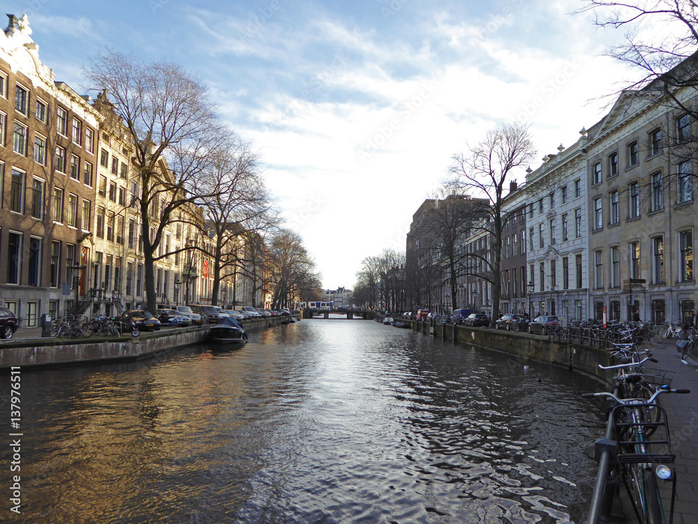 City of Amsterdam. Canal and mansions. Netherlands. 