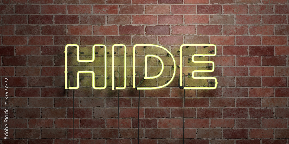 HIDE - fluorescent Neon tube Sign on brickwork - Front view - 3D rendered royalty free stock picture. Can be used for online banner ads and direct mailers.. HIDE - fluorescent Neon tube Sign on brickwork - Front view - 3D rendered royalty free stock picture. Can be used for online banner ads and direct mailers..