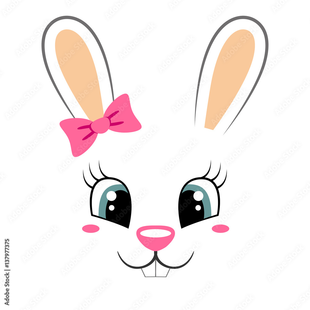 Obraz premium Słodki króliczek z różową kokardką. Dziewczęcy nadruk z twarzą królika na koszulkę