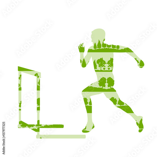 Hurdler in race vector background concept made of forest trees fragments isolated