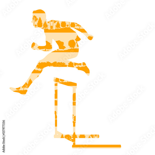 Hurdler in race vector background concept made of forest trees fragments isolated