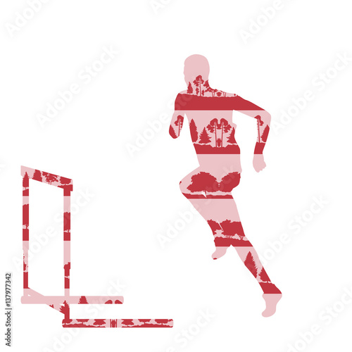 Hurdler in race vector background concept made of forest trees fragments isolated