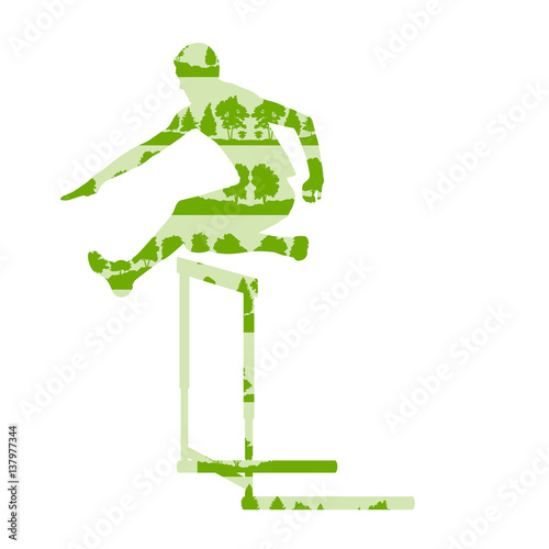 Hurdler in race vector background concept made of forest trees fragments isolated