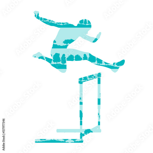 Hurdler in race vector background concept made of forest trees fragments isolated