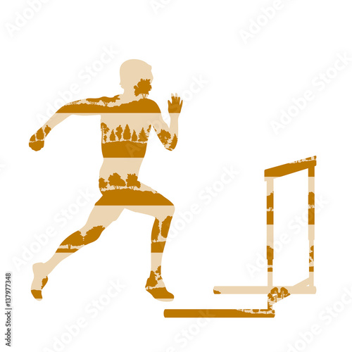 Hurdler in race vector background concept made of forest trees fragments isolated