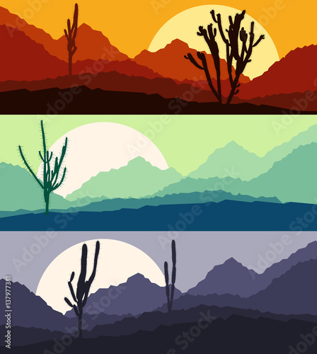 Desert cactus landscape with mountains and hill silhouettes vector nature horizontal background set