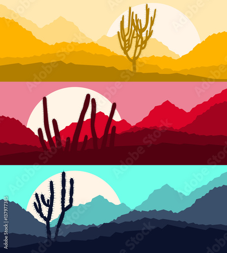 Desert cactus landscape with mountains and hill silhouettes vector nature horizontal background set