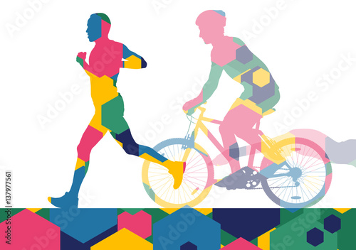 Triathlon marathon active young men swimming cycling and running sport silhouettes in abstract comb cell illustration background