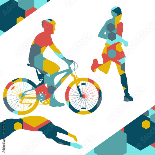 Triathlon marathon active young men swimming cycling and running sport silhouettes in abstract comb cell illustration background