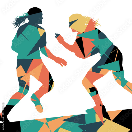 Active women rugby players young healthy sport silhouettes abstract line vector background