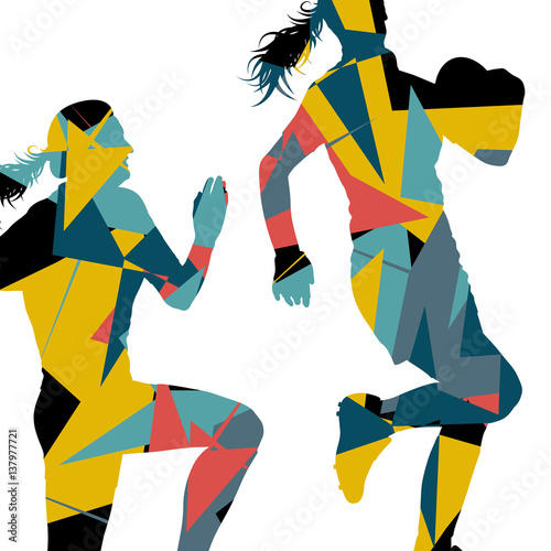 Active women rugby players young healthy sport silhouettes abstract line vector background