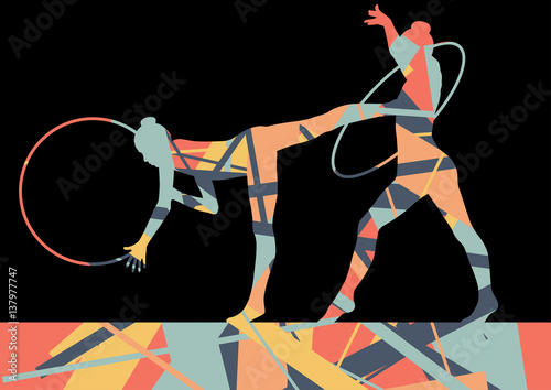 Girl calisthenics sport gymnast silhouette with spinning ring in abstract graphic mosaic background illustration
