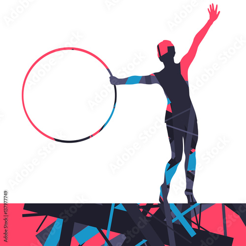 Girl calisthenics sport gymnast silhouette with spinning ring in abstract graphic mosaic background illustration