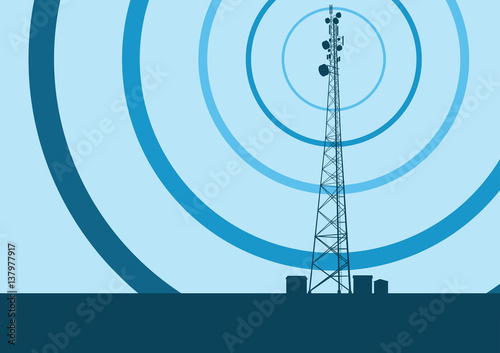 Telecommunication tower with television antennas and satellite dish vector background with illustrative abstract wireless