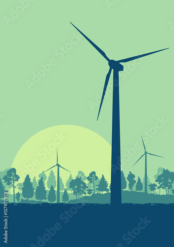 Wind turbines high voltage green energy generator alternative power farm landscape background vector